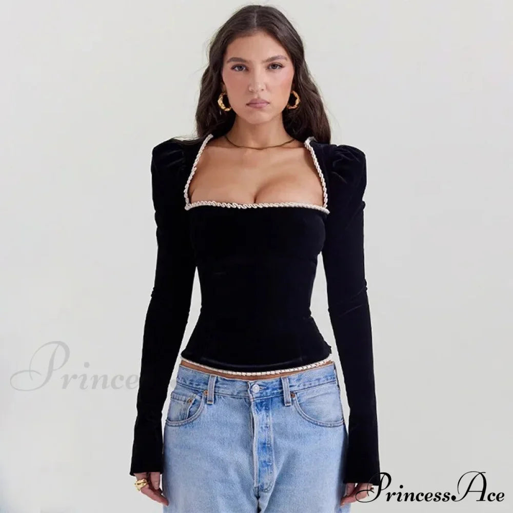 Black Long Sleeve Square Graceful Neck Corset Tie Up Top image 2