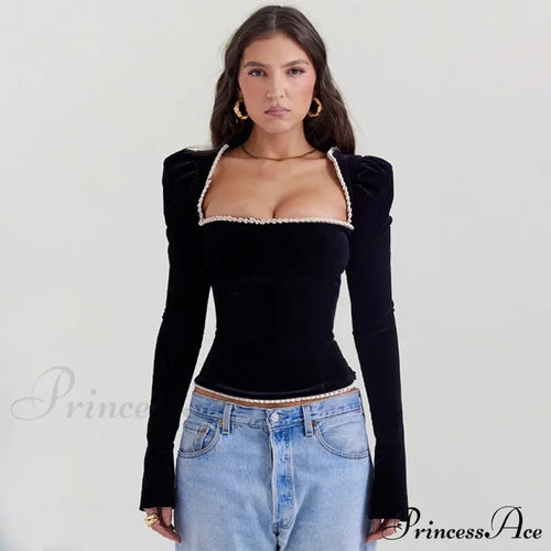 Black Long Sleeve Square Graceful Neck Corset Tie Up Top image 2