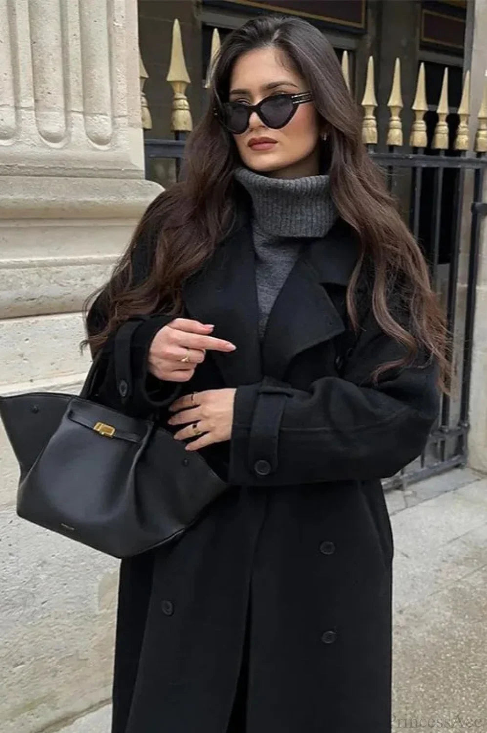 Black Loose Lapel Double-Breasted Overcoat image 4