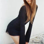 Black Mesh Long Charming Sleeve Backless Mini Dress image 3