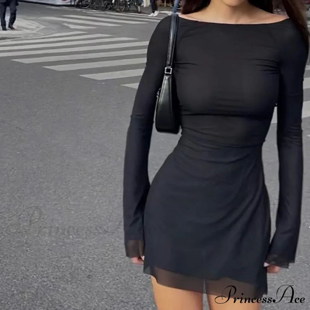 Black Mesh Long Charming Sleeve Backless Mini Dress image 1