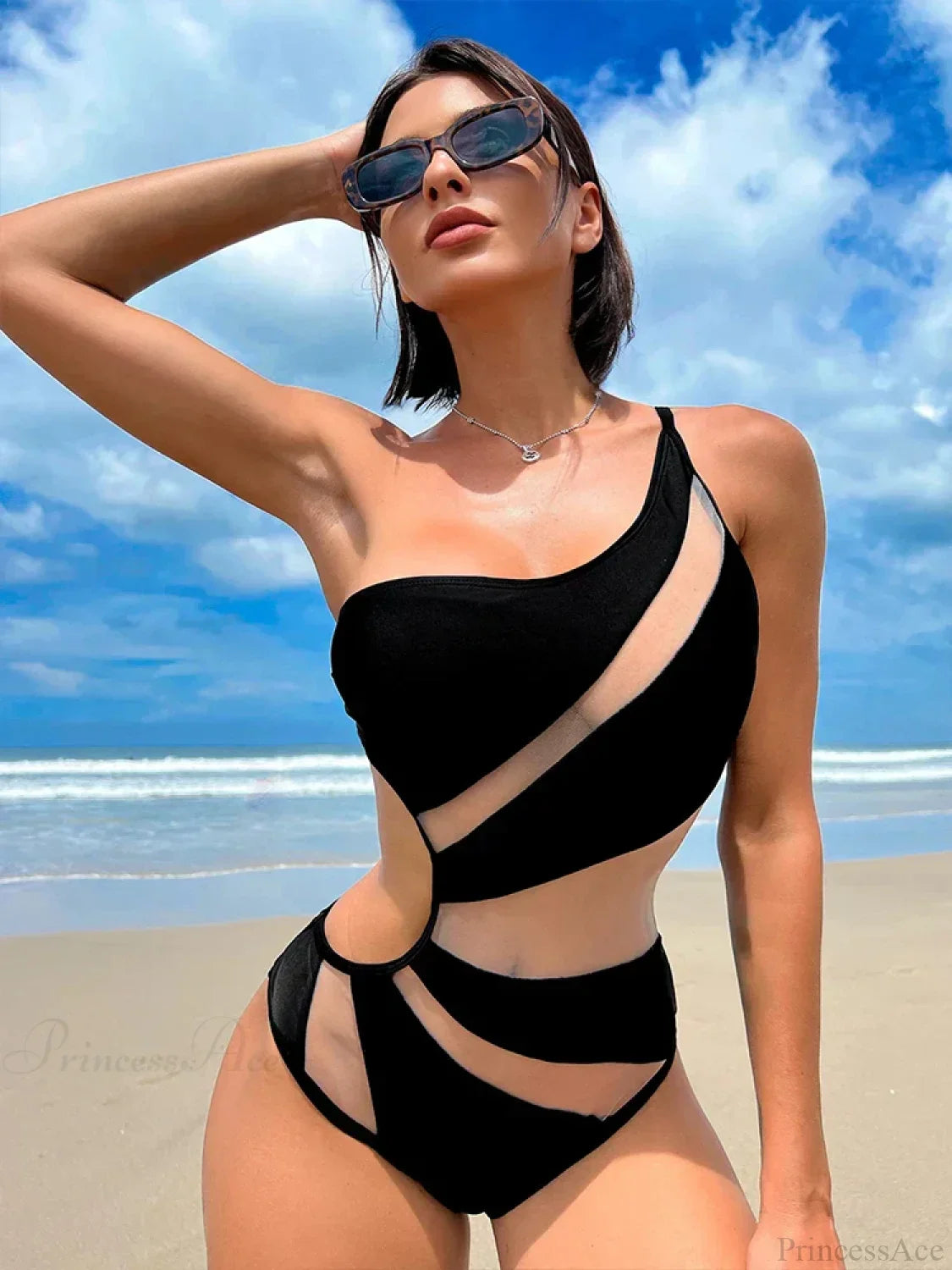 Black Mesh One Shoulder High Cut Monokini One Piece image 3