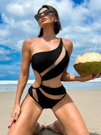 Black Mesh One Shoulder High Cut Monokini One Piece image 1