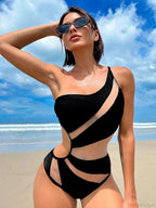 Black Mesh One Shoulder High Cut Monokini One Piece image 5