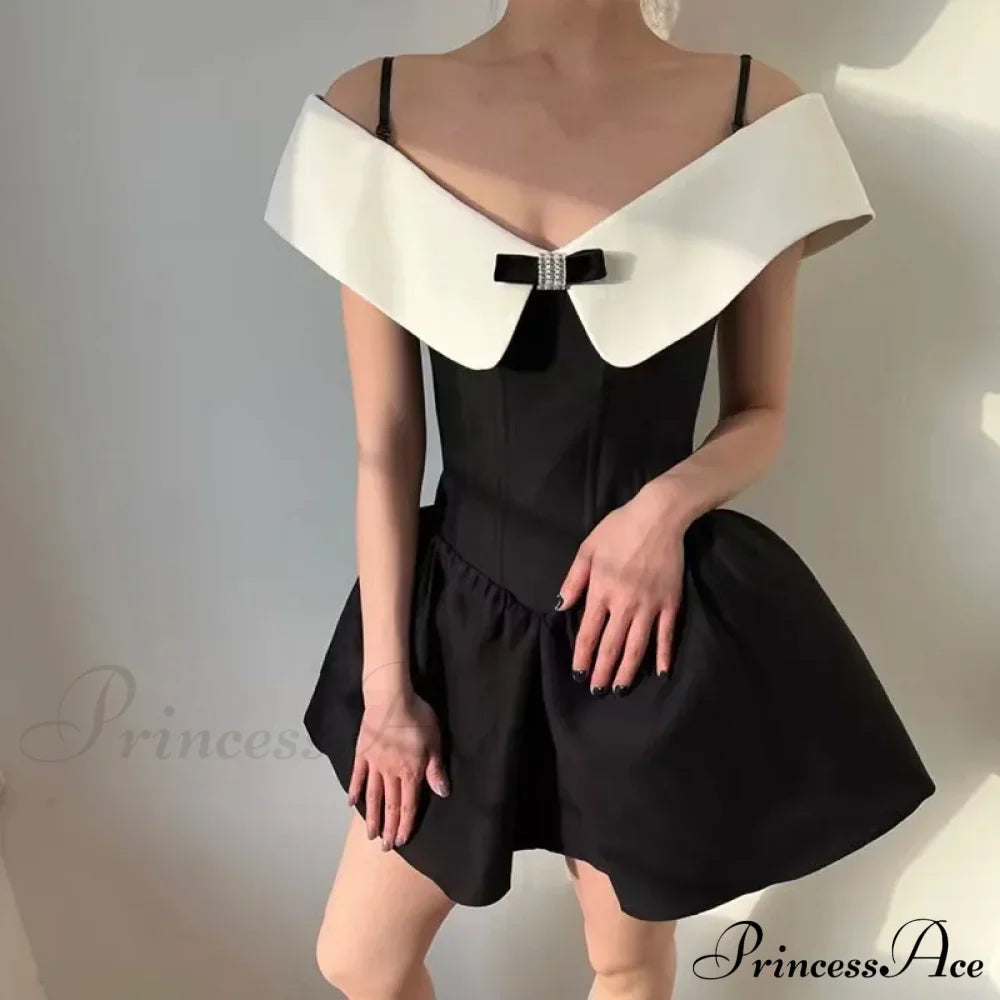 Black Off-Shoulder Contrast Charming Collar Mini Dress image 4