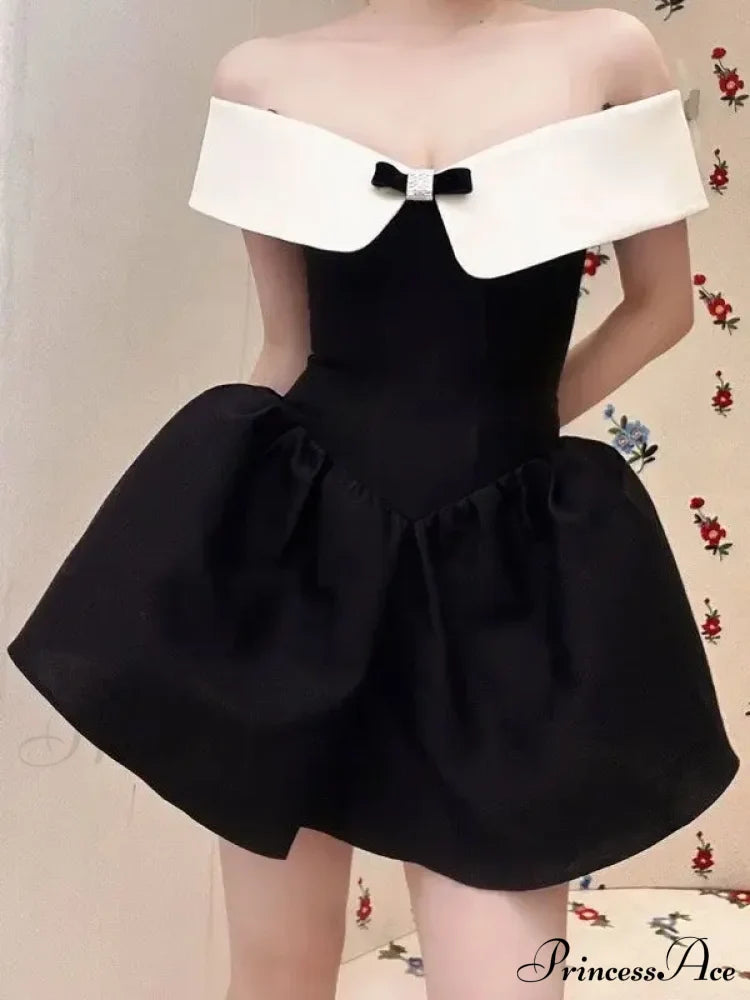 Black Off-Shoulder Contrast Charming Collar Mini Dress image 6