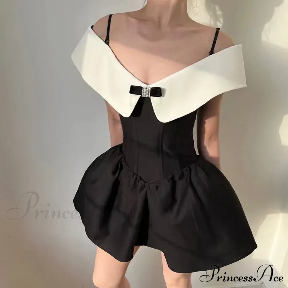 Black Off-Shoulder Contrast Charming Collar Mini Dress image 2