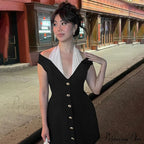 Black Off-Shoulder Contrast Charming Halter Buttoned Mini Dress image 8