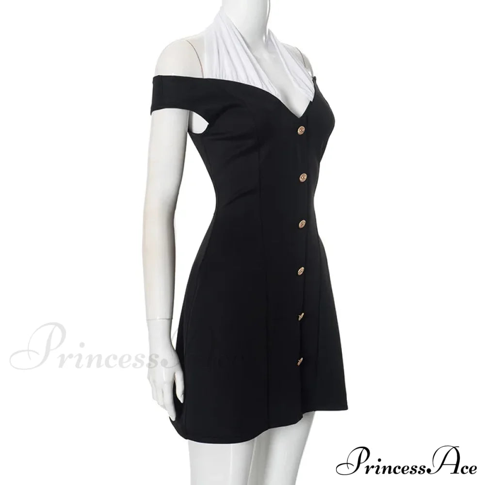 Black Off-Shoulder Contrast Charming Halter Buttoned Mini Dress image 4