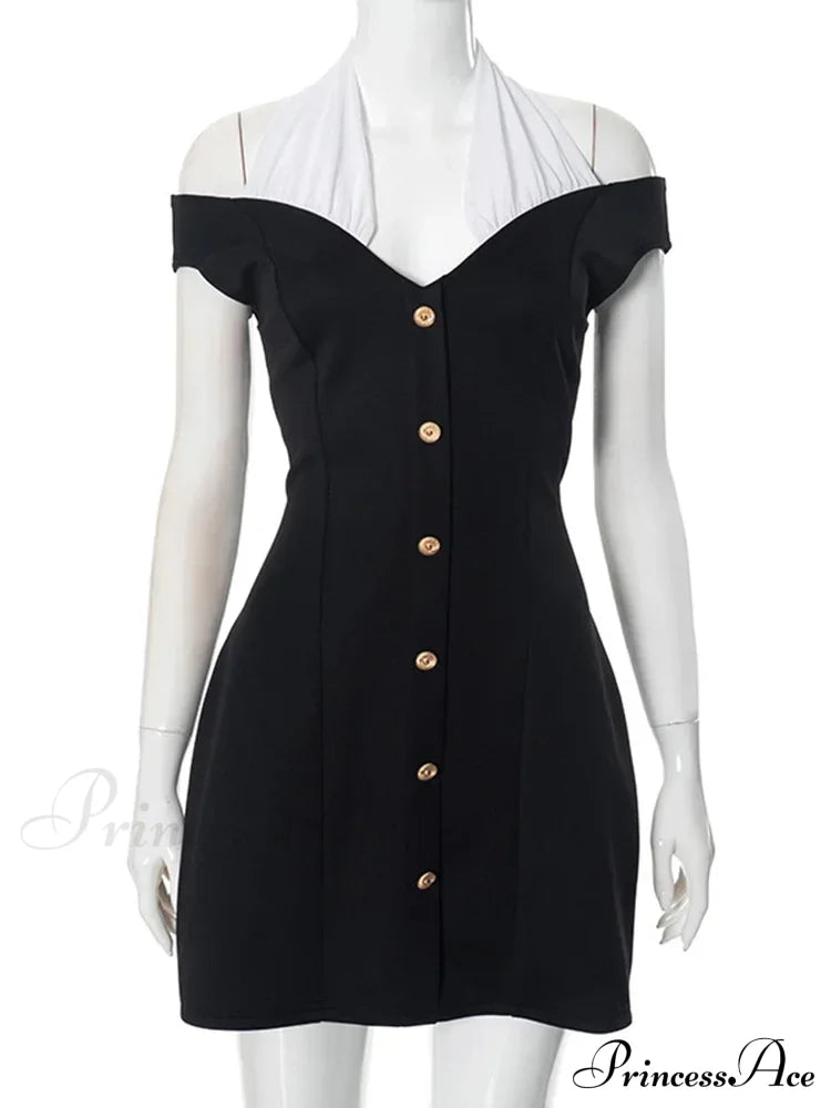 Black Off-Shoulder Contrast Charming Halter Buttoned Mini Dress image 3