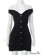 Black Off-Shoulder Contrast Charming Halter Buttoned Mini Dress image 3