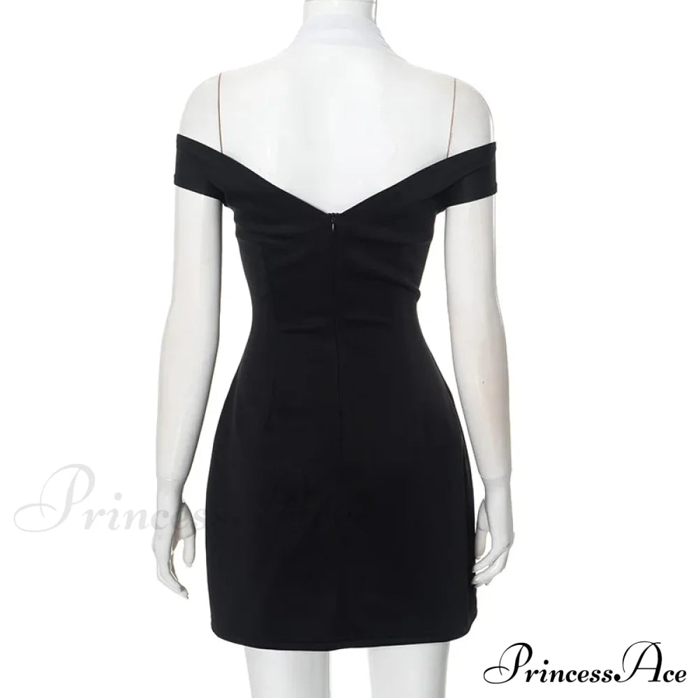 Black Off-Shoulder Contrast Charming Halter Buttoned Mini Dress image 5