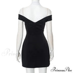 Black Off-Shoulder Contrast Charming Halter Buttoned Mini Dress image 5