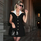 Black Off-Shoulder Contrast Charming Halter Buttoned Mini Dress image 2