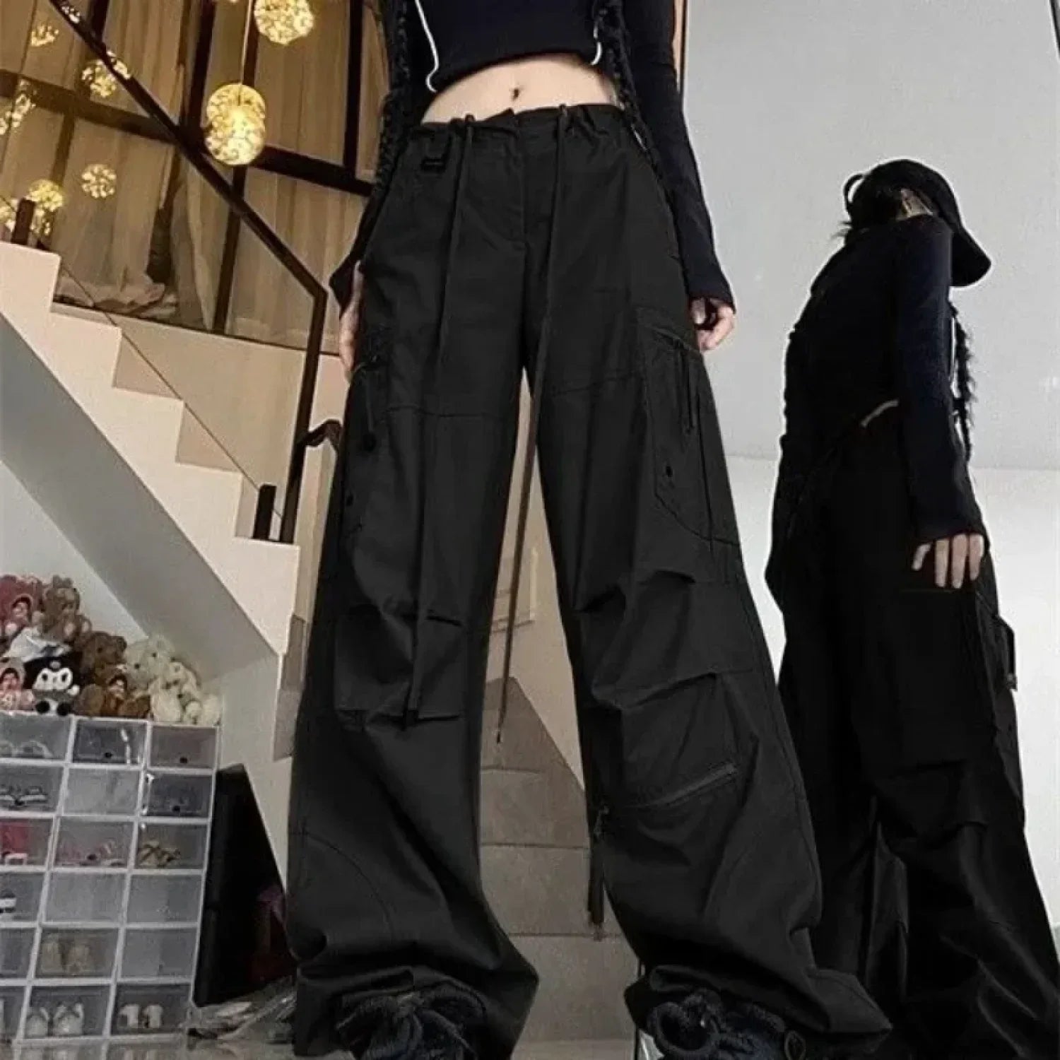 Black Parachute Cargo Pants Y2K Pants image 3