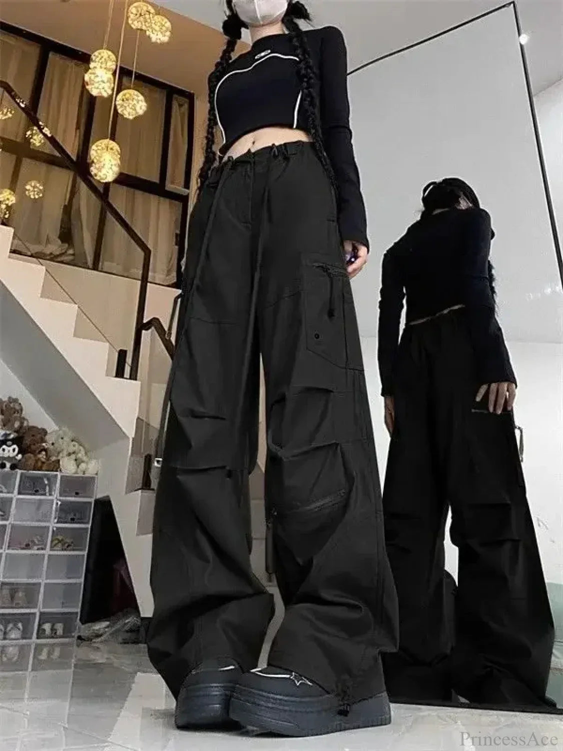 Black Parachute Cargo Pants Y2K Pants image 7