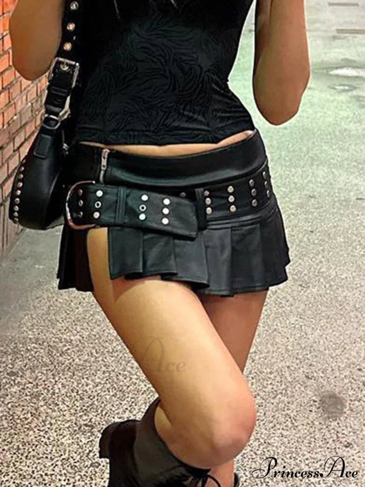 Black Pleated Belted Charming Slit Micro Mini Skirt image 2