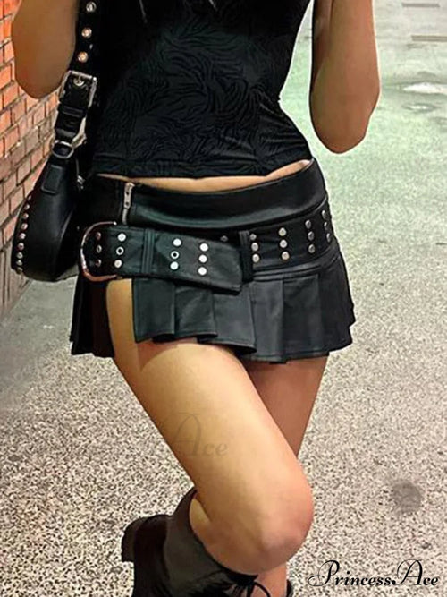 Black Pleated Belted Charming Slit Micro Mini Skirt image 2