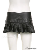 Black Pleated Belted Charming Slit Micro Mini Skirt image 4