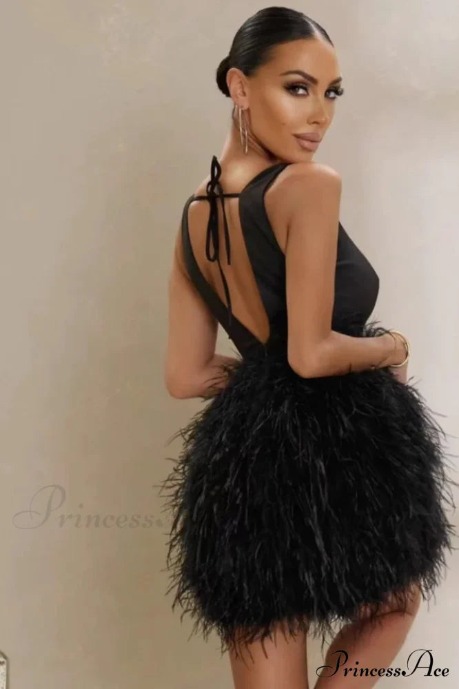Black Plunge Stylish Front Mini Dress image 3