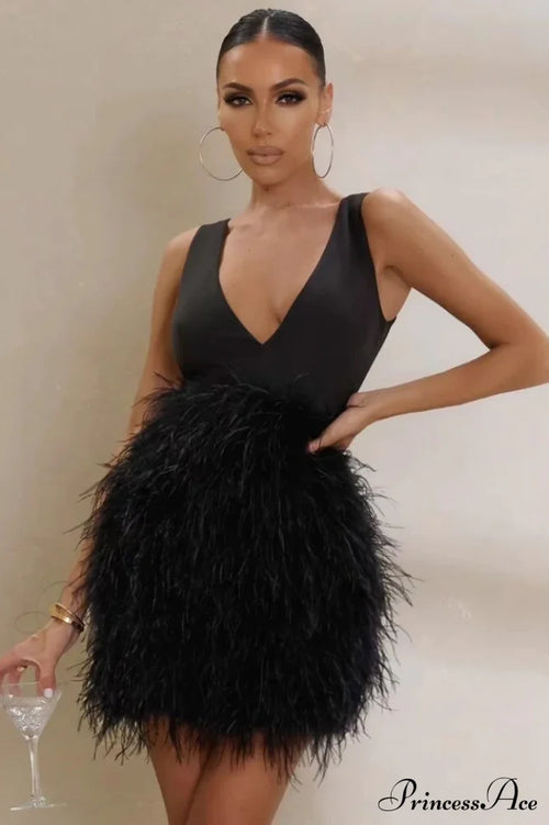 Black Plunge Stylish Front Mini Dress image 1