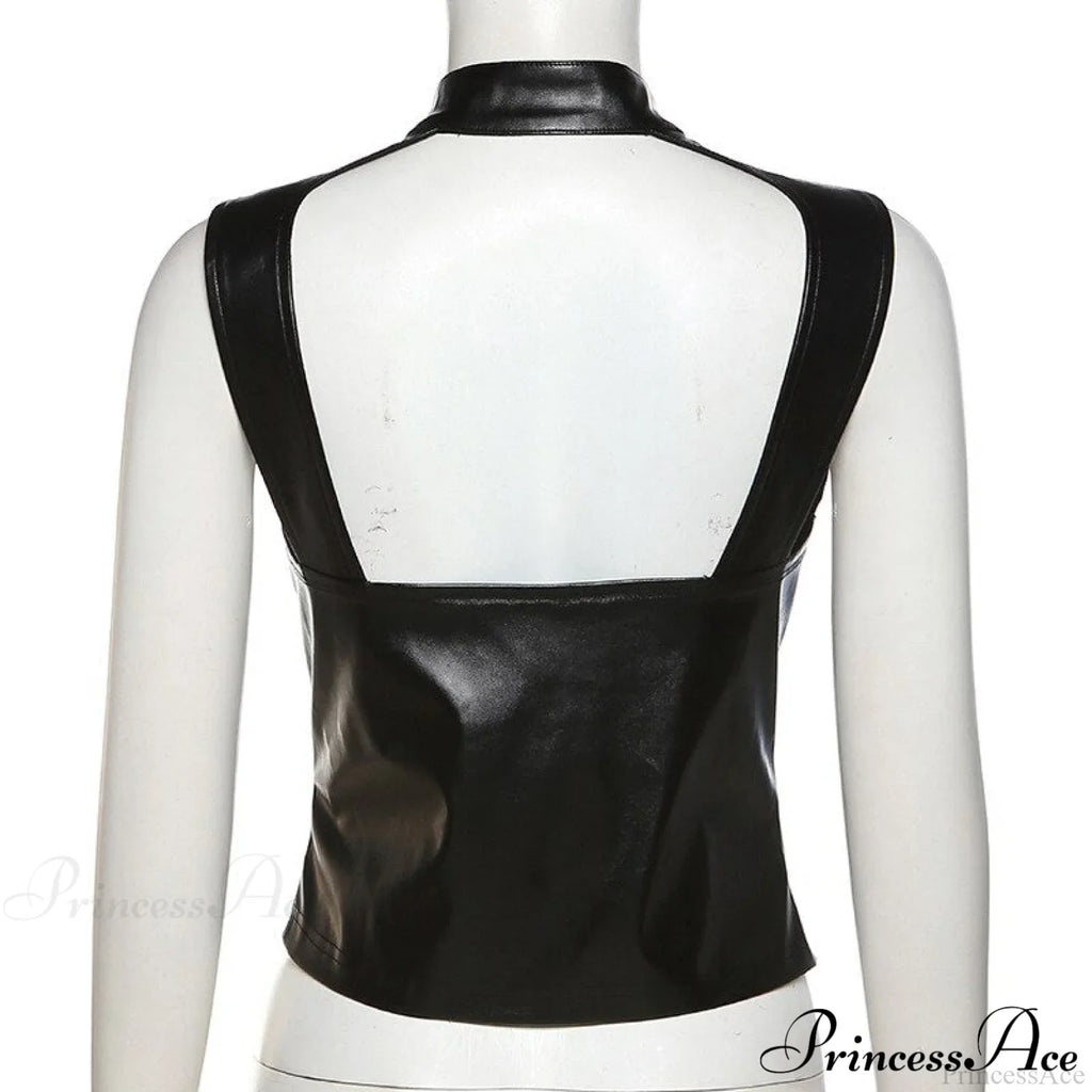 Black Pu Leather Charming Moto Zipper Tank Top image 7