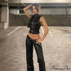 Black Pu Leather Charming Moto Zipper Tank Top image 3