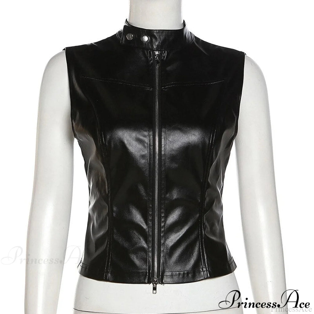 Black Pu Leather Charming Moto Zipper Tank Top image 6