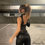Black Pu Leather Charming Moto Zipper Tank Top image 4
