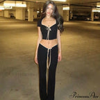 Black Ribbon Tie-Up Top Graceful And Pants Two Piece Set image 4