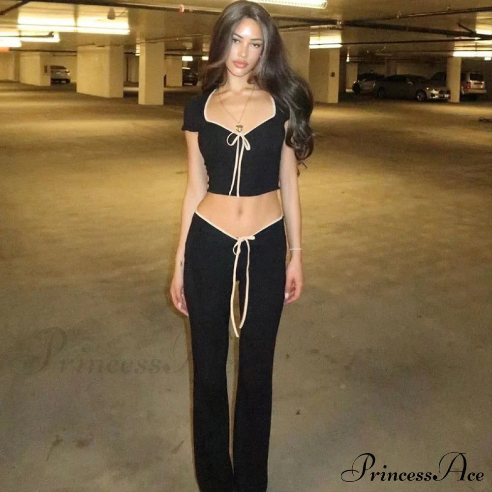 Black Ribbon Tie-Up Top Graceful And Pants Two Piece Set image 4