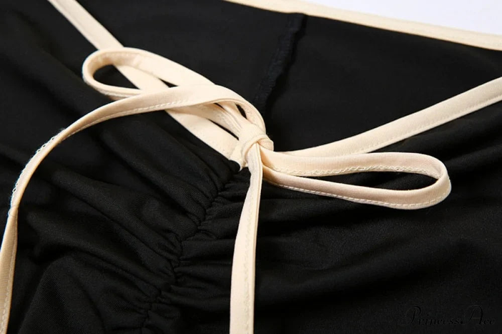 Black Ribbon Tie-Up Top Graceful And Pants Two Piece Set image 13