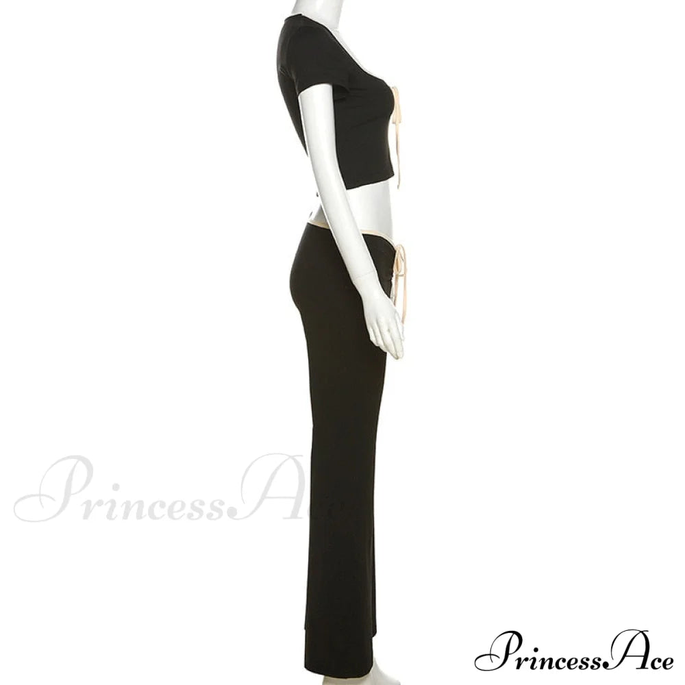 Black Ribbon Tie-Up Top Graceful And Pants Two Piece Set image 12