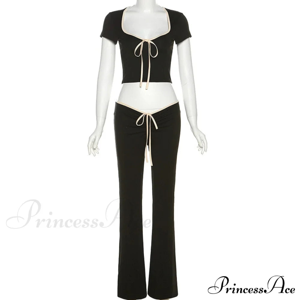 Black Ribbon Tie-Up Top Graceful And Pants Two Piece Set image 11