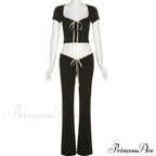 Black Ribbon Tie-Up Top Graceful And Pants Two Piece Set image 11