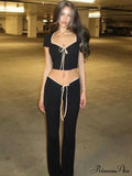 Black Ribbon Tie-Up Top Graceful And Pants Two Piece Set image 1
