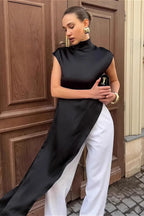 Black Satin Asymmetrical Layered Blouse image 2
