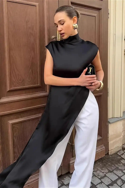 Black Satin Asymmetrical Layered Blouse image 2