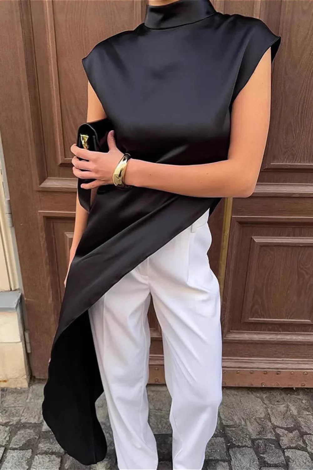 Black Satin Asymmetrical Layered Blouse image 3