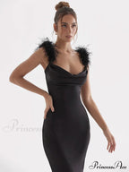 Black Satin Feather Charming Strap Maxi Dress image 7