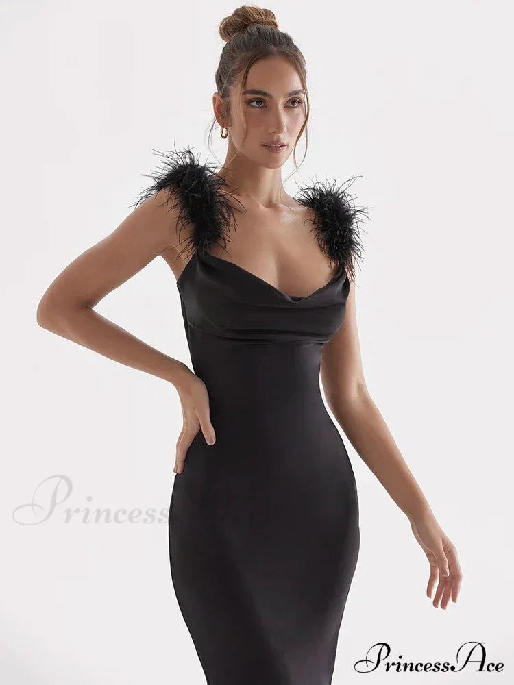 Black Satin Feather Charming Strap Maxi Dress image 7