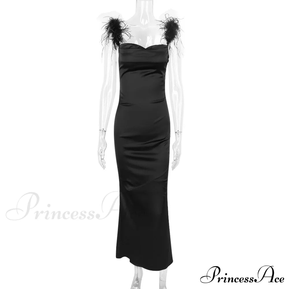 Black Satin Feather Charming Strap Maxi Dress image 10