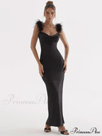 Black Satin Feather Charming Strap Maxi Dress image 1