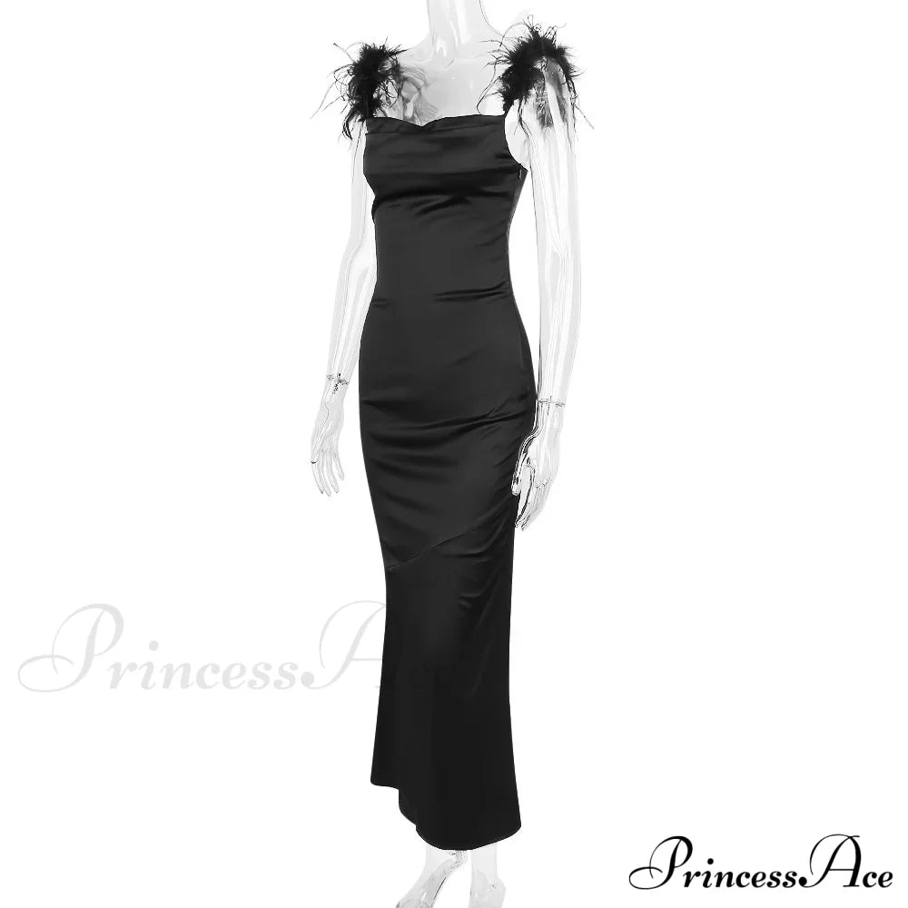 Black Satin Feather Charming Strap Maxi Dress image 12