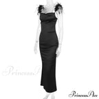 Black Satin Feather Charming Strap Maxi Dress image 12