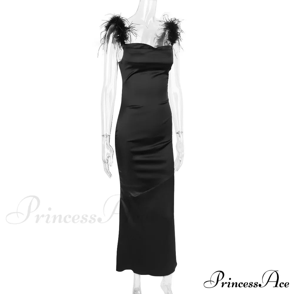 Black Satin Feather Charming Strap Maxi Dress image 11
