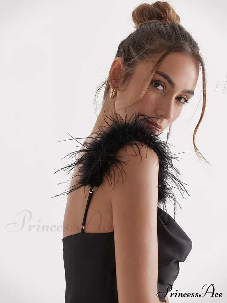 Black Satin Feather Charming Strap Maxi Dress image 6