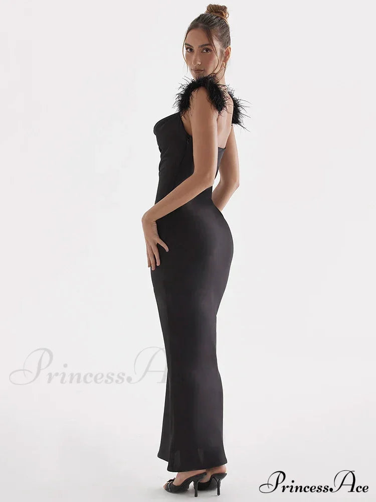 Black Satin Feather Charming Strap Maxi Dress image 5