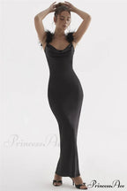 Black Satin Feather Charming Strap Maxi Dress image 9