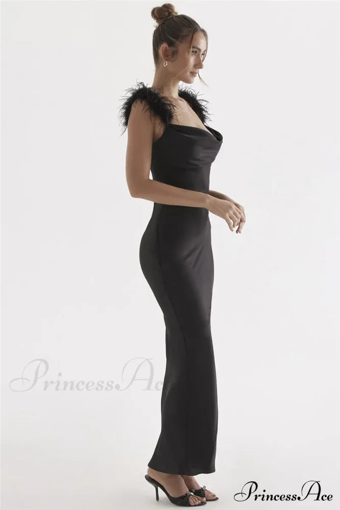 Black Satin Feather Charming Strap Maxi Dress image 8